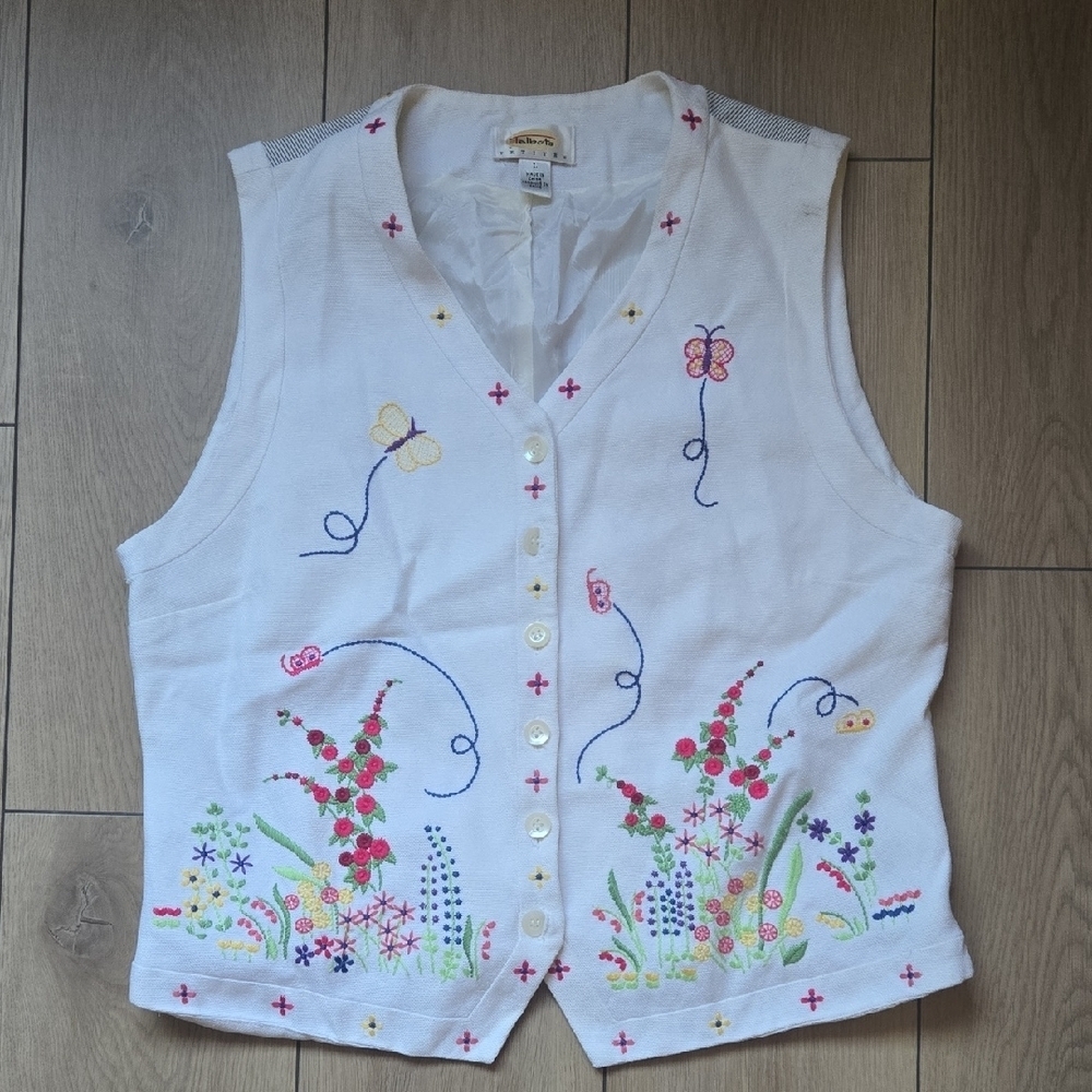 Talbots Vintage Embroidered Floral Vest Sz L